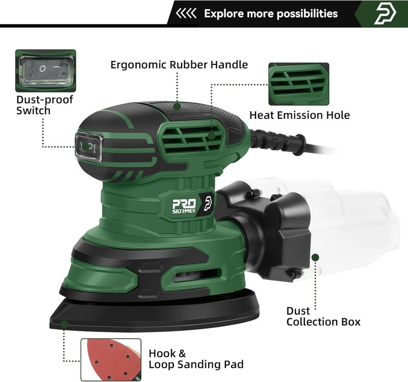 Prostormer Detail Sander, 13000RPM Mouse Sander, 1.6A Electric Palm Sanders with 15Pcs Sandpapers, Dust Collection Box for Tight Spaces Sanding, Polishing, Woodworking in Home Decoration - Image 3